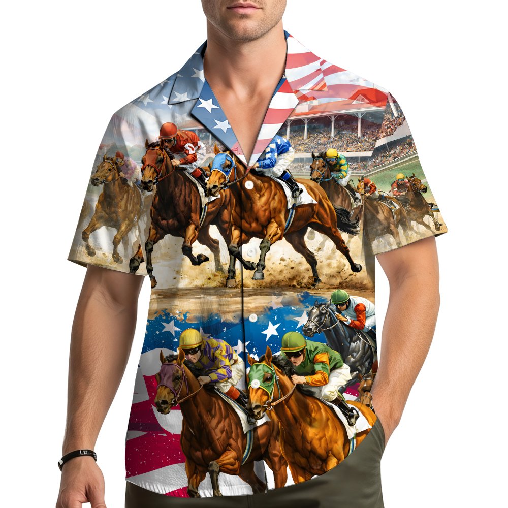 Lifestyle image of the horse racing and patriotic matching family Hawaiian shirt being worn outdoors
