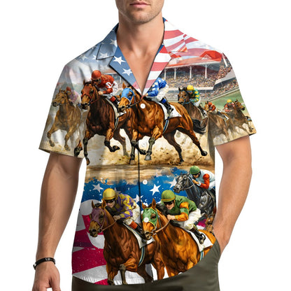 Lifestyle image of the horse racing and patriotic matching family Hawaiian shirt being worn outdoors