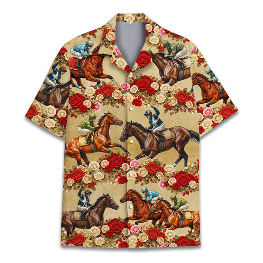 Matching family hawaiian shirts with horse racing and roses design, beige background