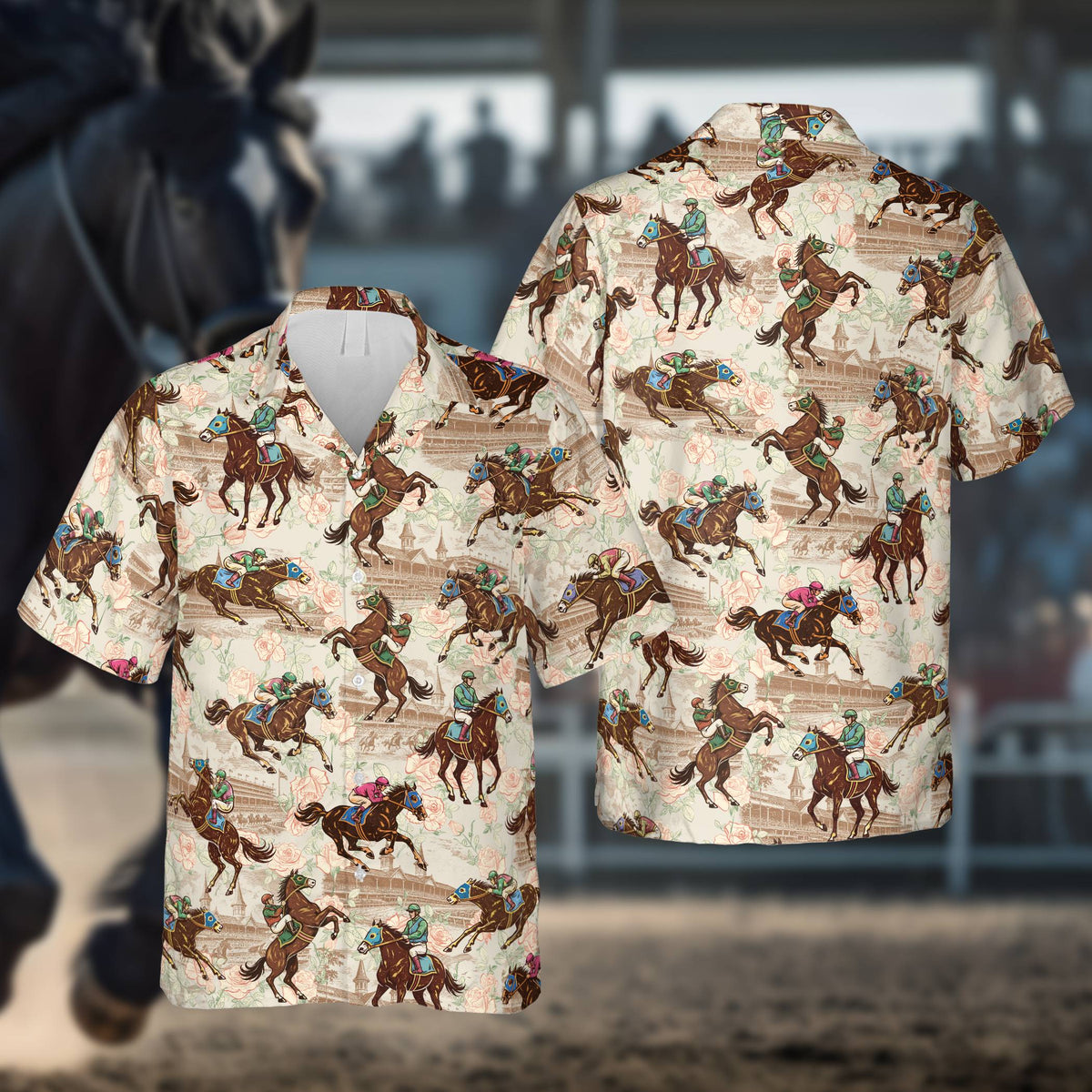 Matching family Hawaiian shirts featuring a horse racing pattern in beige, front view