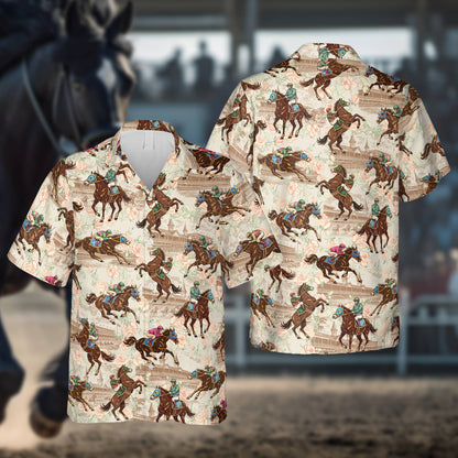 Matching family Hawaiian shirts featuring a horse racing pattern in beige, front view