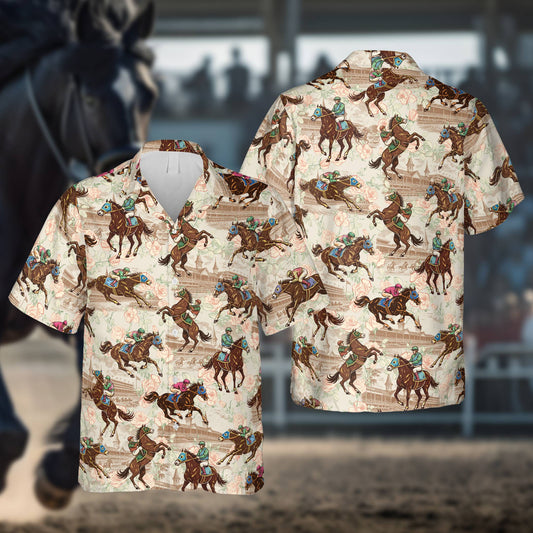 Matching family Hawaiian shirts featuring a horse racing pattern in beige, front view