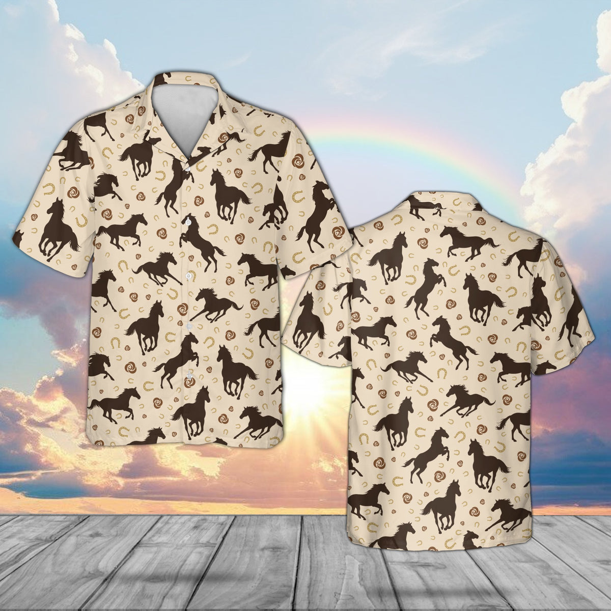 Front view of the beige horse racing hawaiian shirt variant