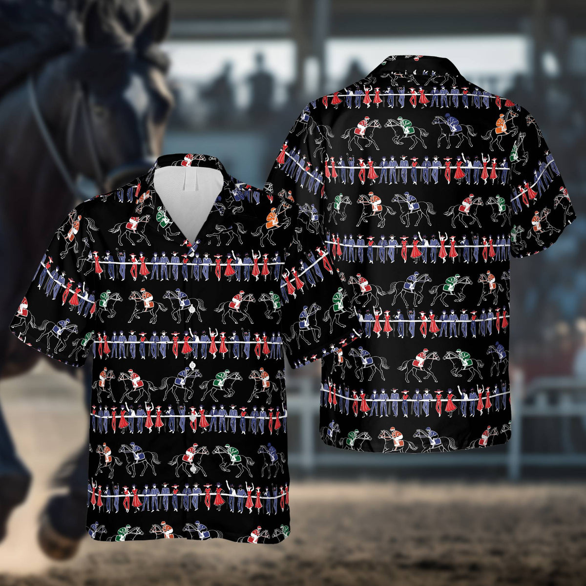 Black hawaiian shirt with jockey and spectator print, front view