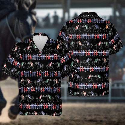 Black hawaiian shirt with jockey and spectator print, front view