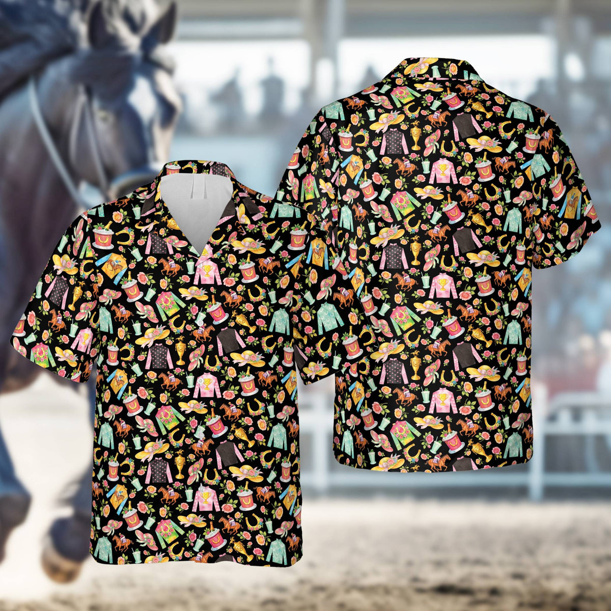 Black matching family hawaiian shirt with racing motifs, front view