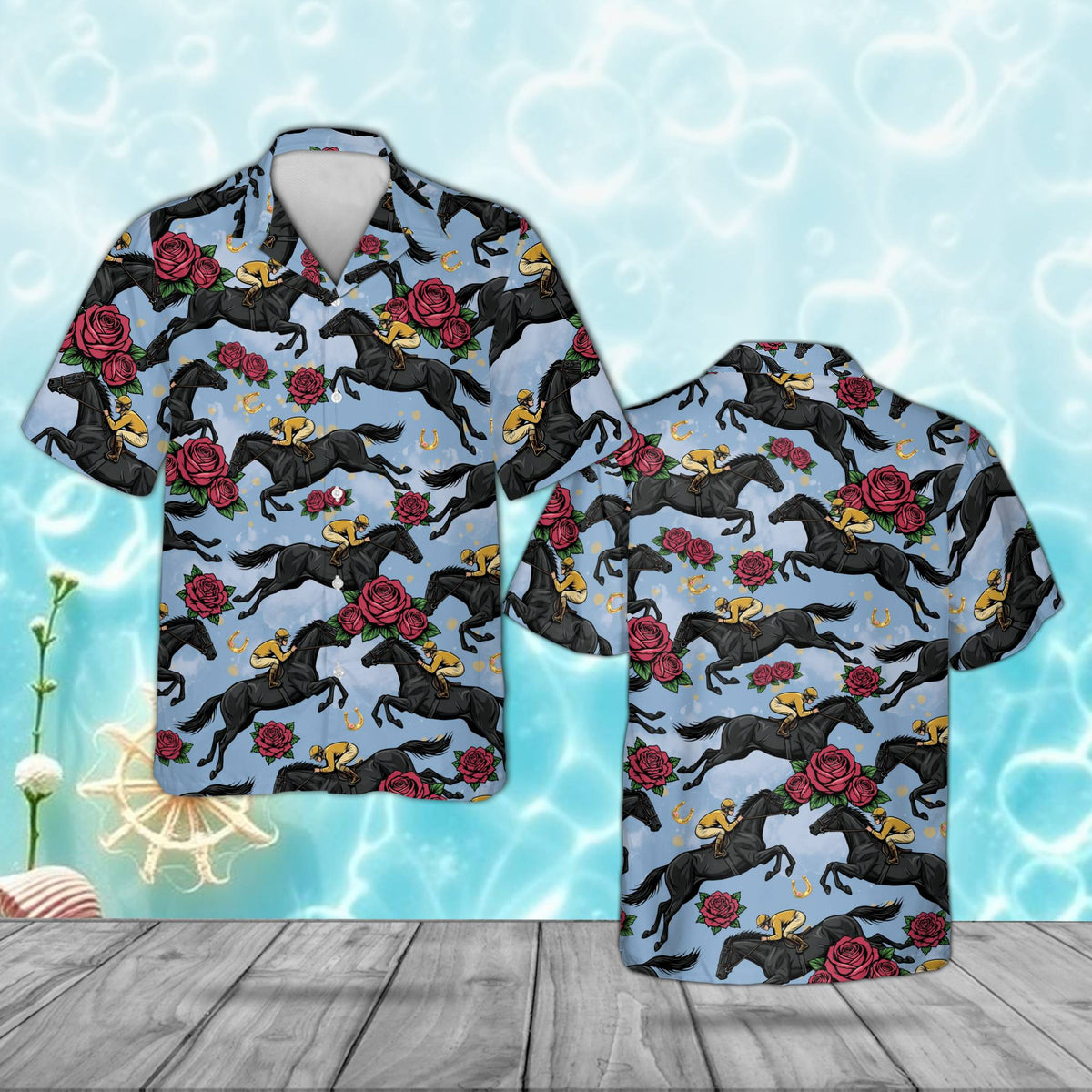 Detailed front view of the horse racing hawaiian shirt highlighting the jockeys and red roses