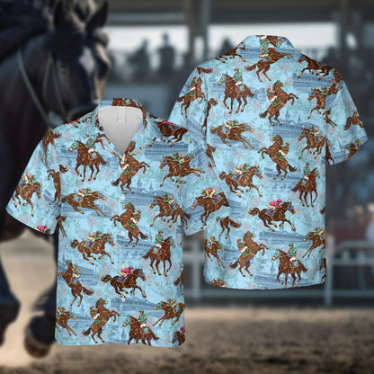 Blue tinted view of the horse racing Hawaiian shirt pattern