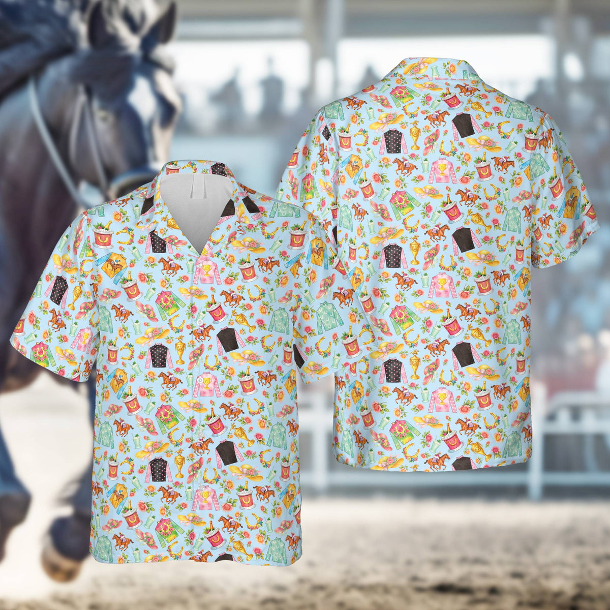 Blue horse racing hawaiian shirt for family matching outfits, front view