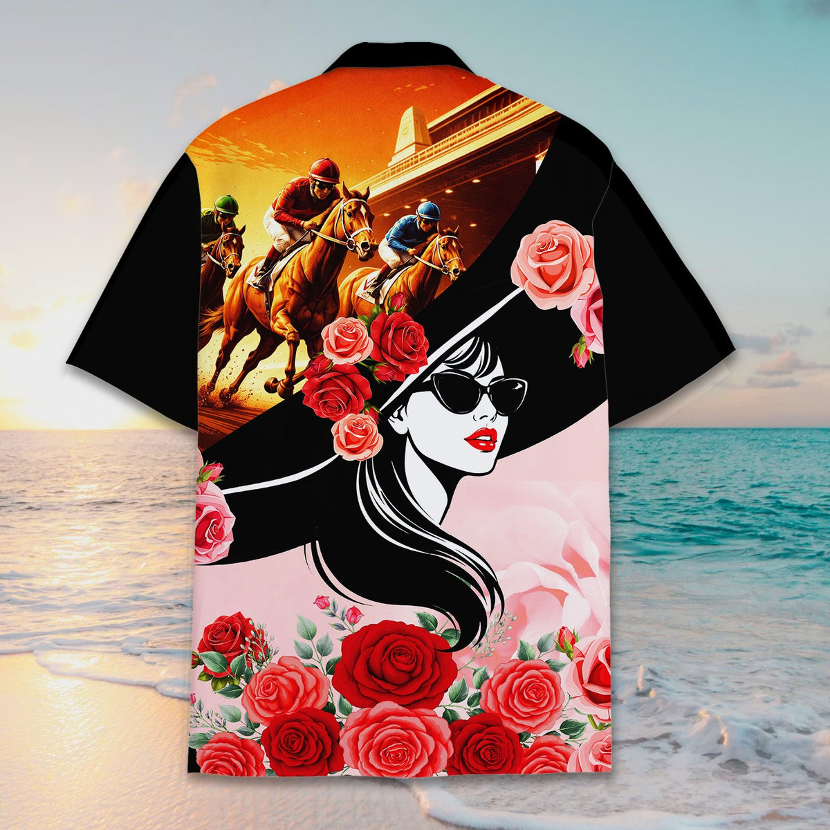 Back view of the horse racing & derby hawaiian shirt