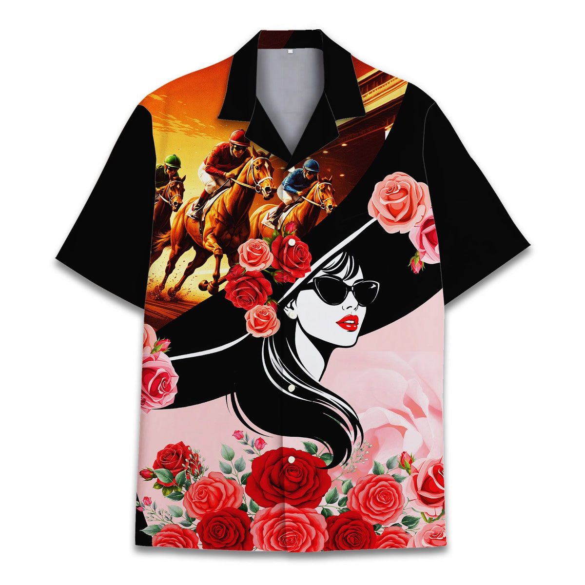 Front view detail of the horse racing & derby hawaiian shirt showing vibrant orange and pink colors