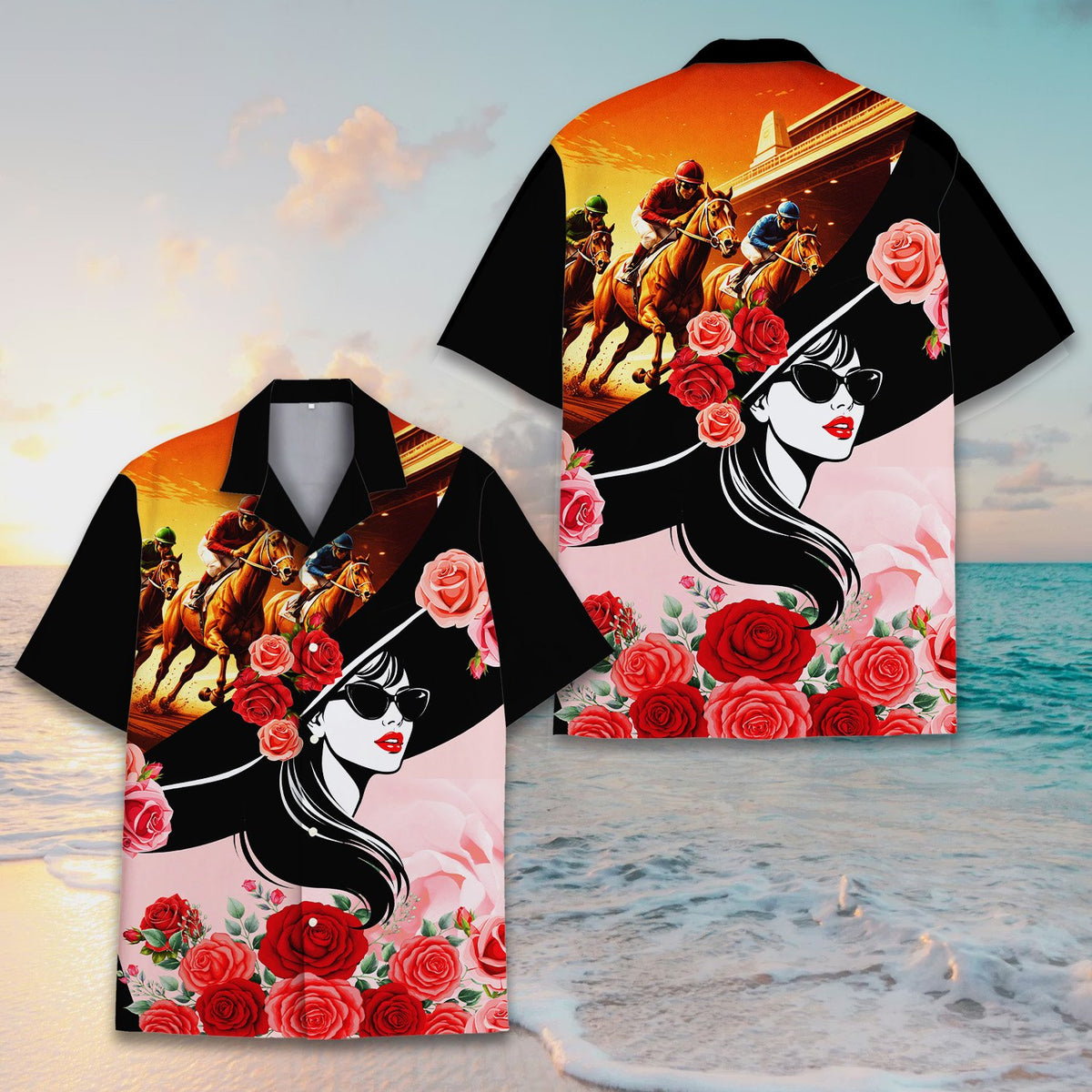 Front angled view of the matching family hawaiian shirt with horse racing motif