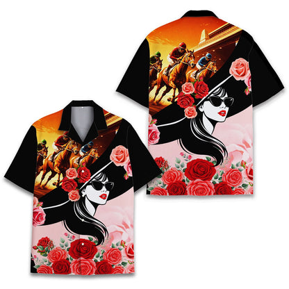 Close up front view of the horse racing & derby hawaiian shirt fabric and buttons