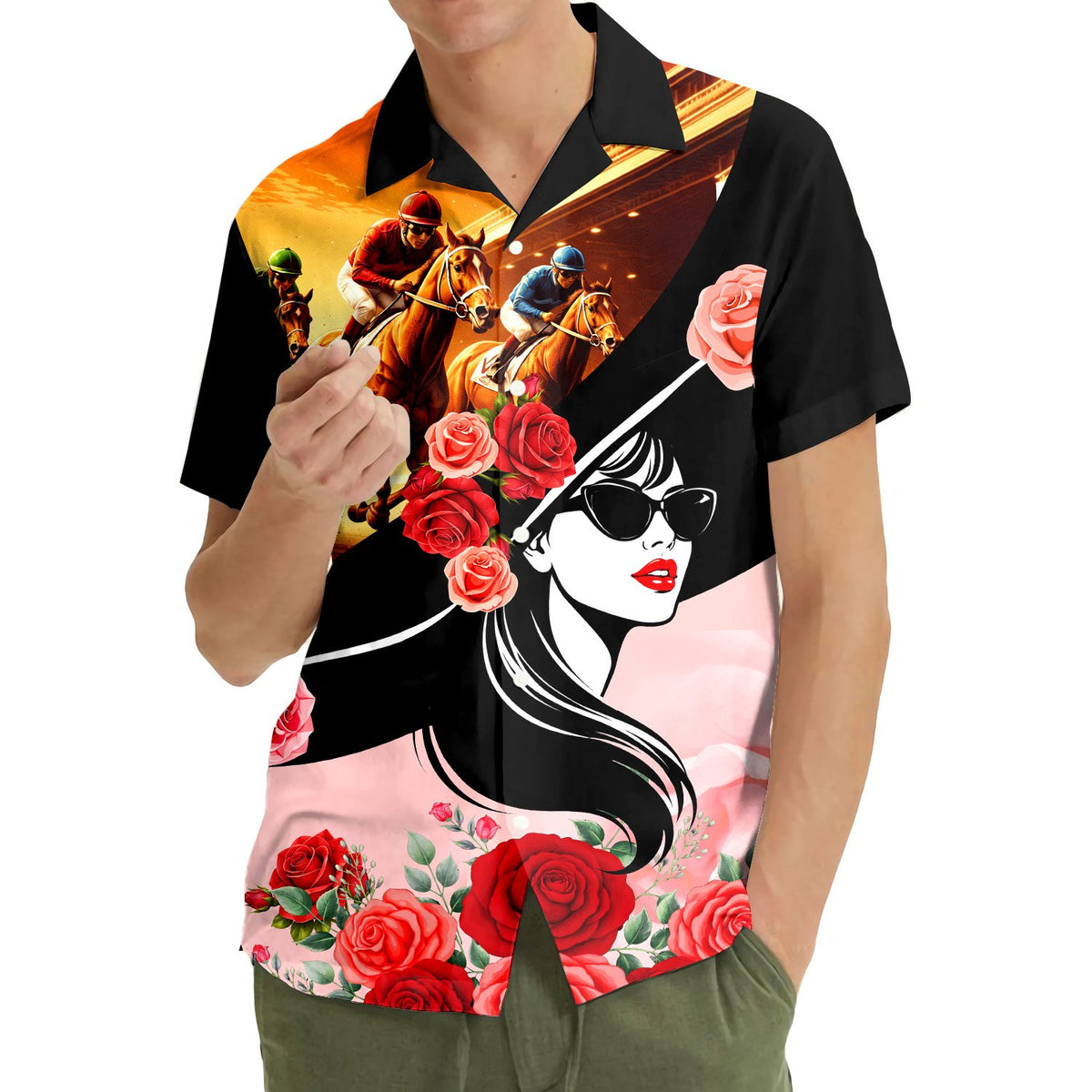 Another lifestyle view of the matching family hawaiian shirt in an outdoor setting