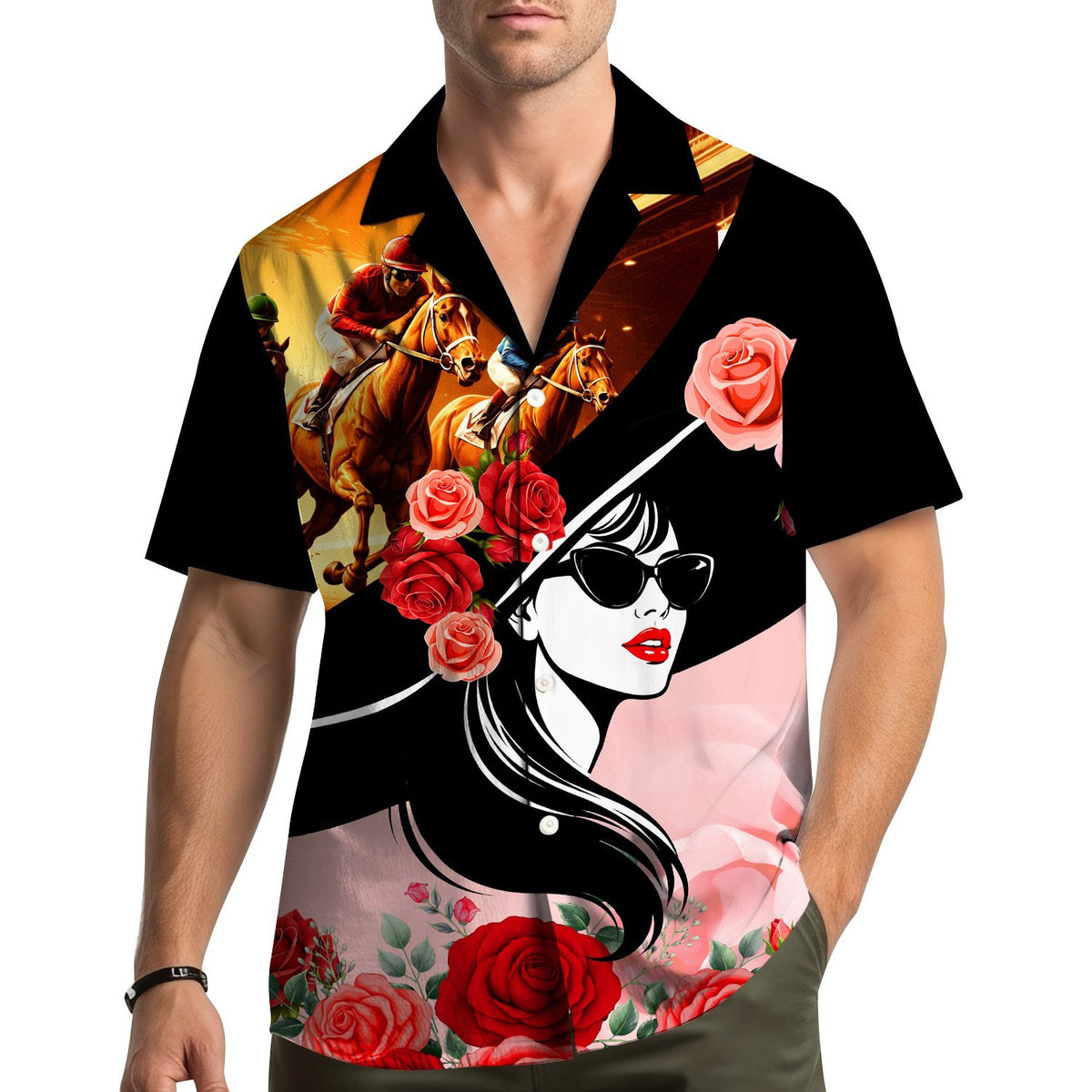 Lifestyle view of a person wearing the horse racing & derby hawaiian shirt