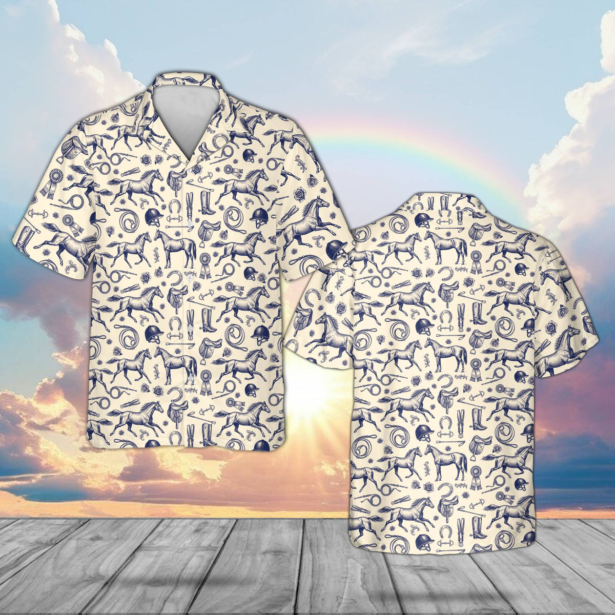 Front view of matching family horse racing equestrian hawaiian shirt in beige