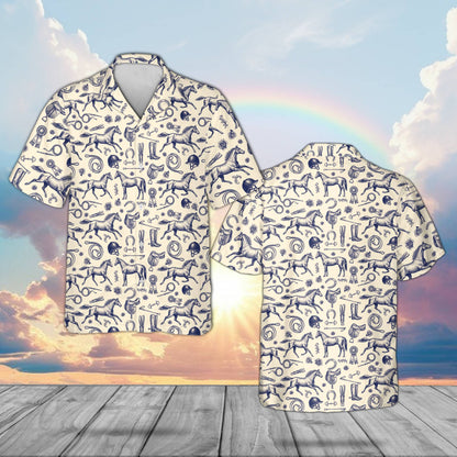 Front view of matching family horse racing equestrian hawaiian shirt in beige