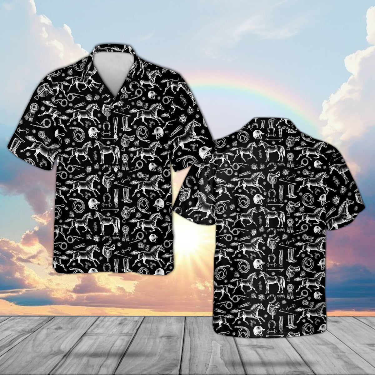Front view of matching family horse racing equestrian hawaiian shirt in black