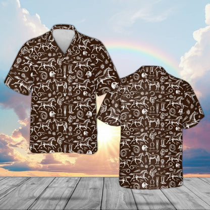 Front view of matching family horse racing equestrian hawaiian shirt in brown