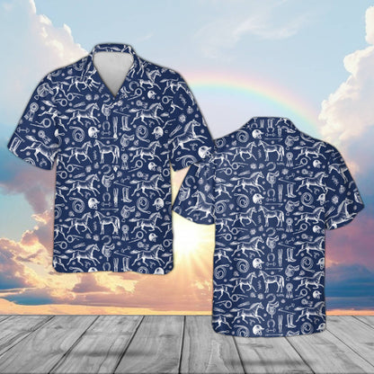 Front view of matching family horse racing equestrian hawaiian shirt in navy