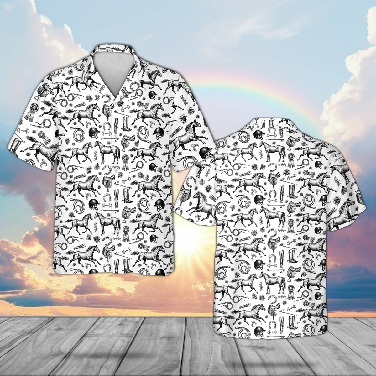 Main view of matching family horse racing equestrian hawaiian shirts in white