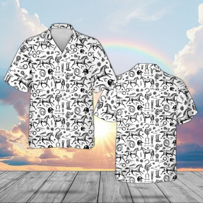 Main view of matching family horse racing equestrian hawaiian shirts in white