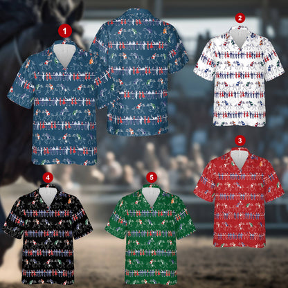 Matching family hawaiian shirt featuring horse racing in navy, front view