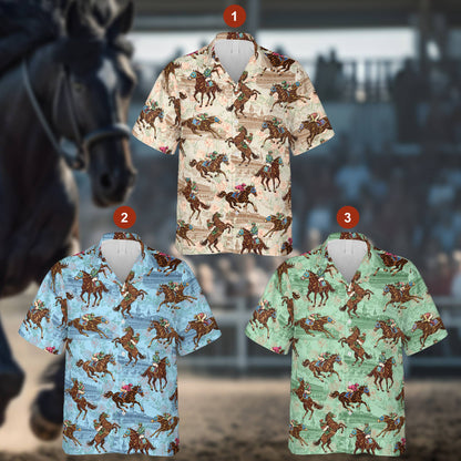Horse racing Hawaiian shirt showing the front jockey and racetrack pattern