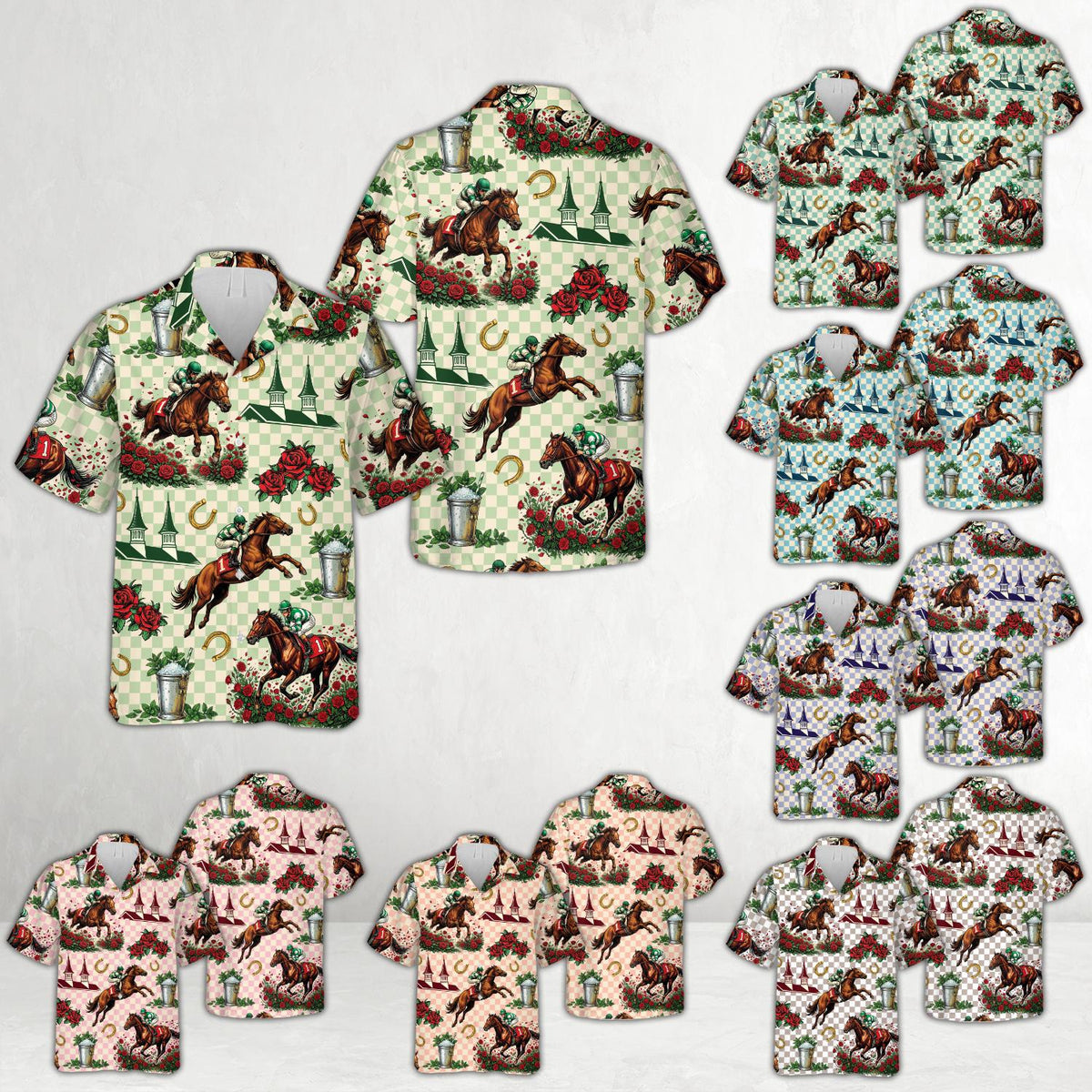 Checkered hawaiian shirt featuring horse racing print, front view