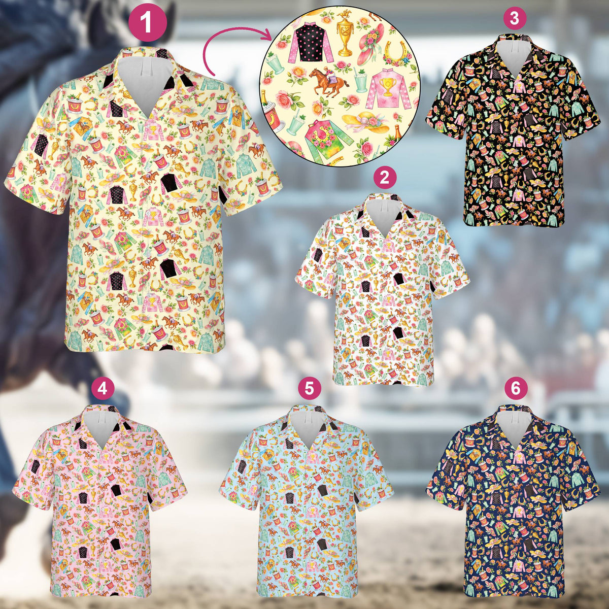 Horse racing hawaiian shirt featuring jockeys and trophies, front view