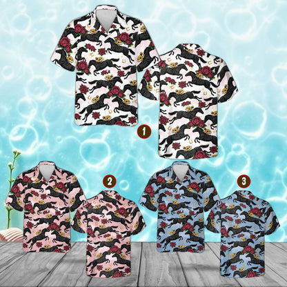 Close up front view of the matching family hawaiian shirt horse racing pattern