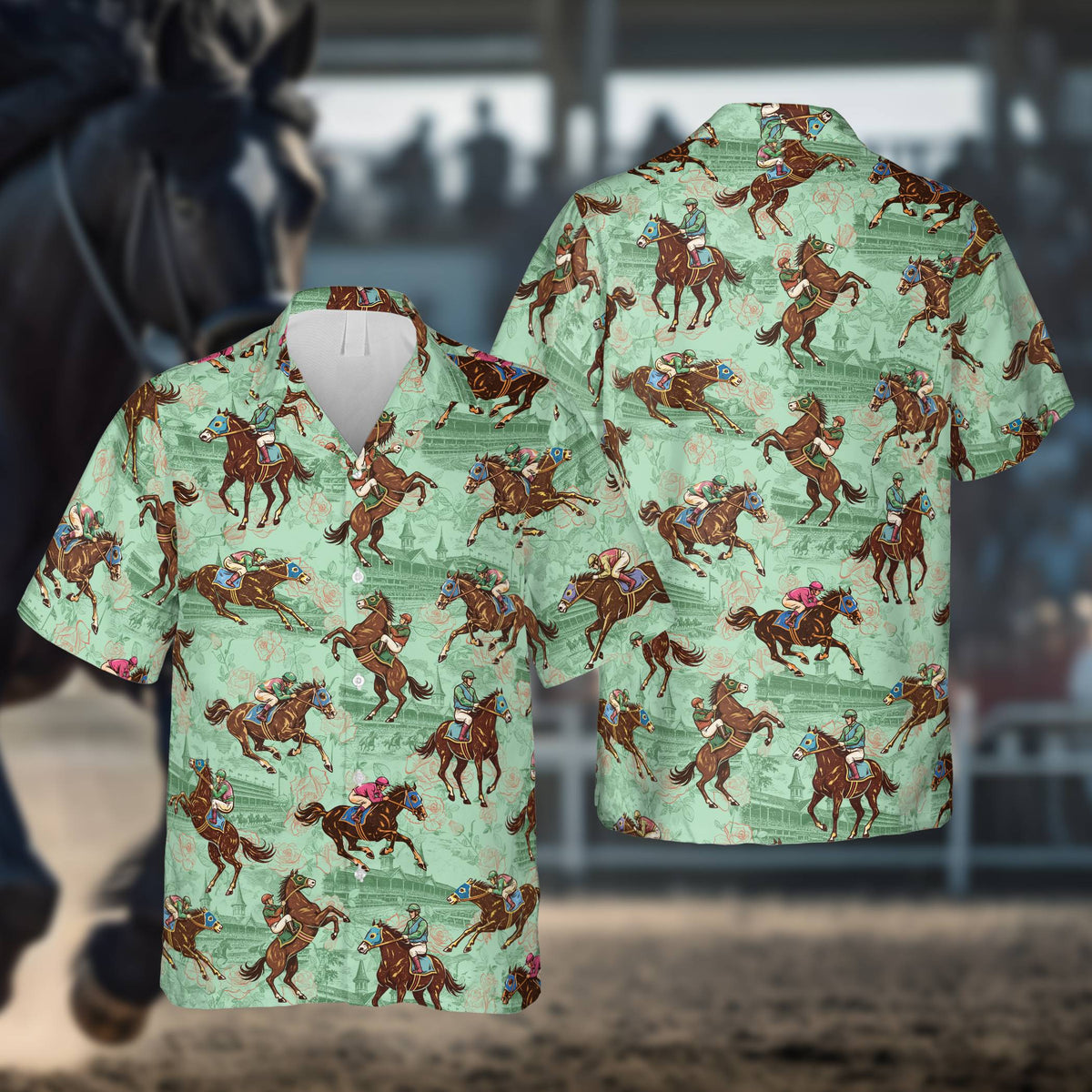 Green tinted view of the horse racing Hawaiian shirt pattern