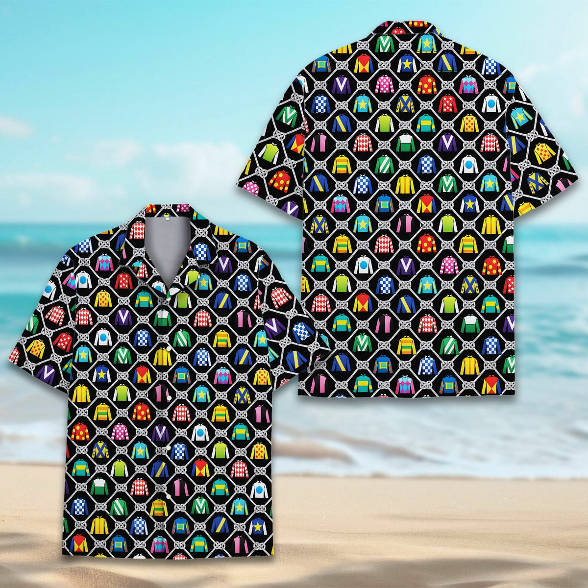 Alternate front view of the horse racing jockeys hawaiian shirt