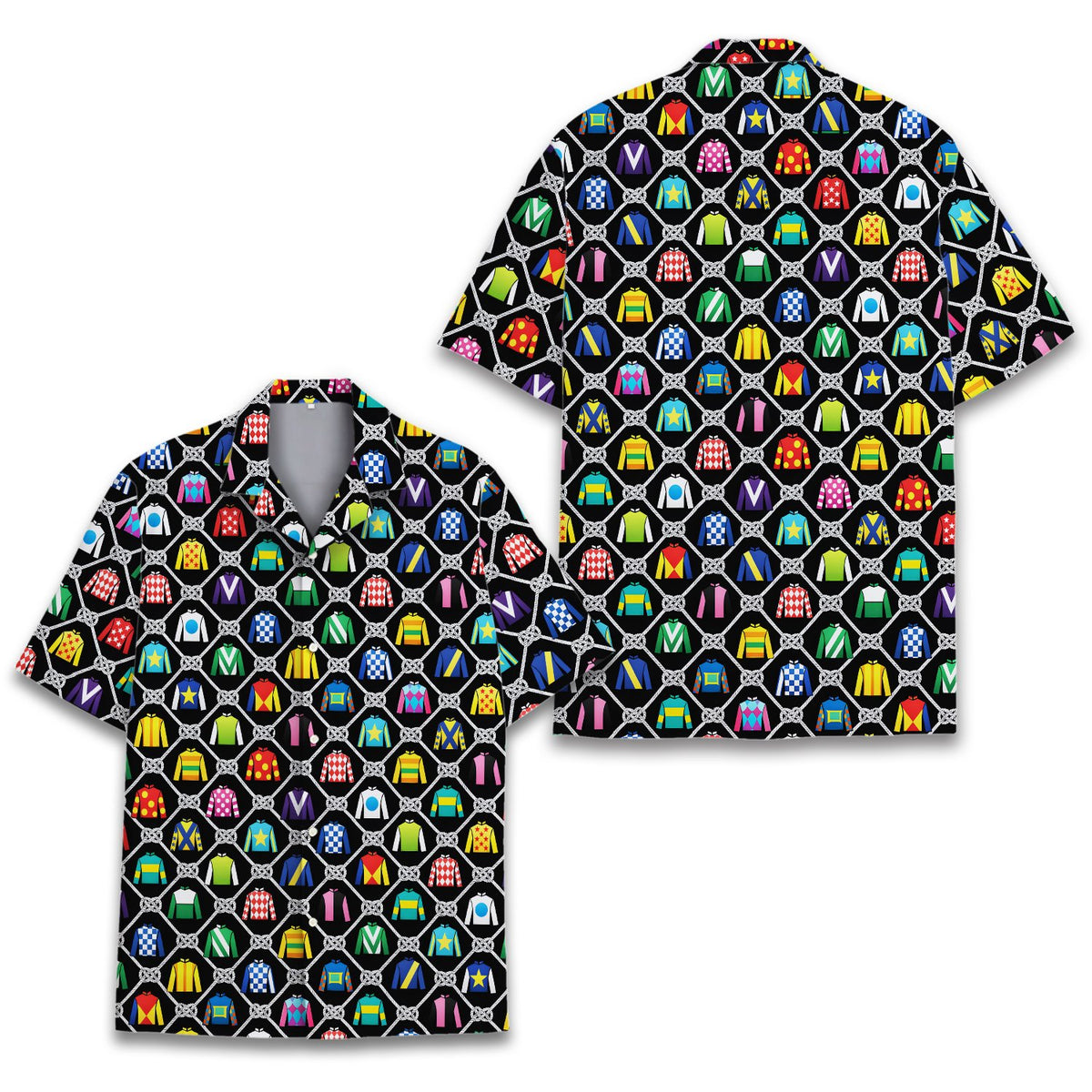 Horse racing jockeys hawaiian shirt featuring colorful jockey silks on a black background, main view