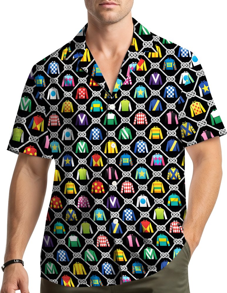 Lifestyle view of someone wearing the horse racing jockeys hawaiian shirt