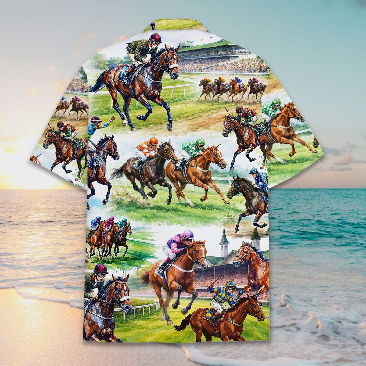 Alternative back view of horse racing Hawaiian shirt showing grandstands