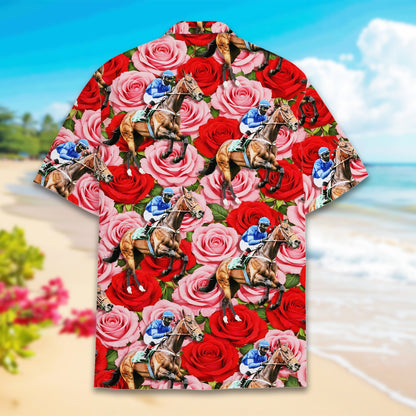 Close-up back view of the horse racing hawaiian shirt pattern