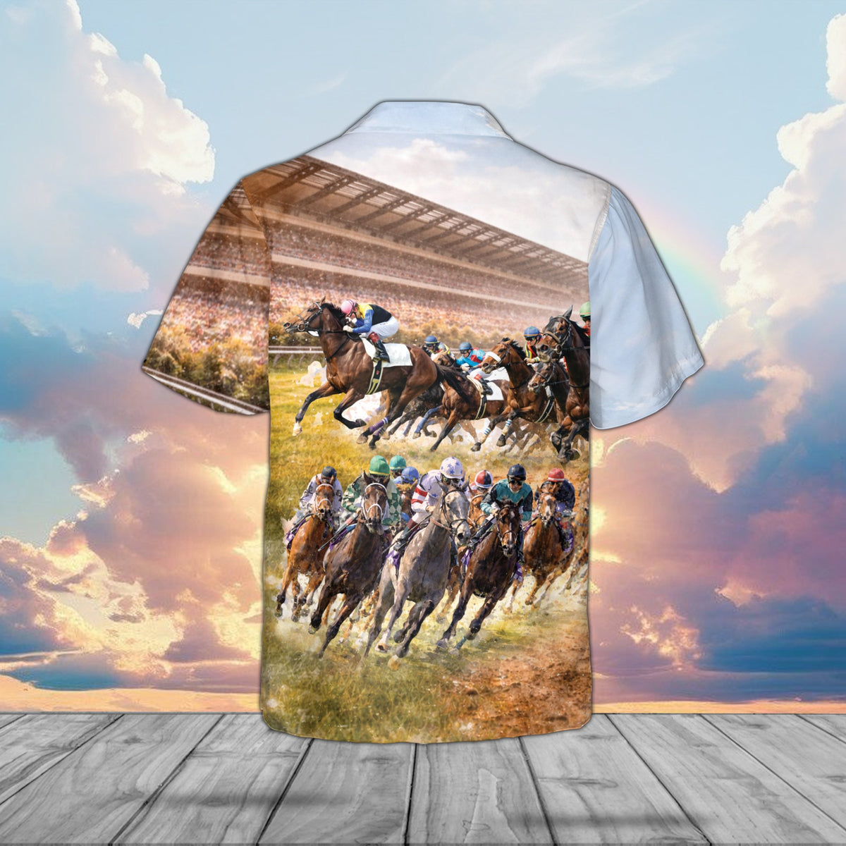 Back view of the green horse hawaiian shirt with stadium and horse racing illustration