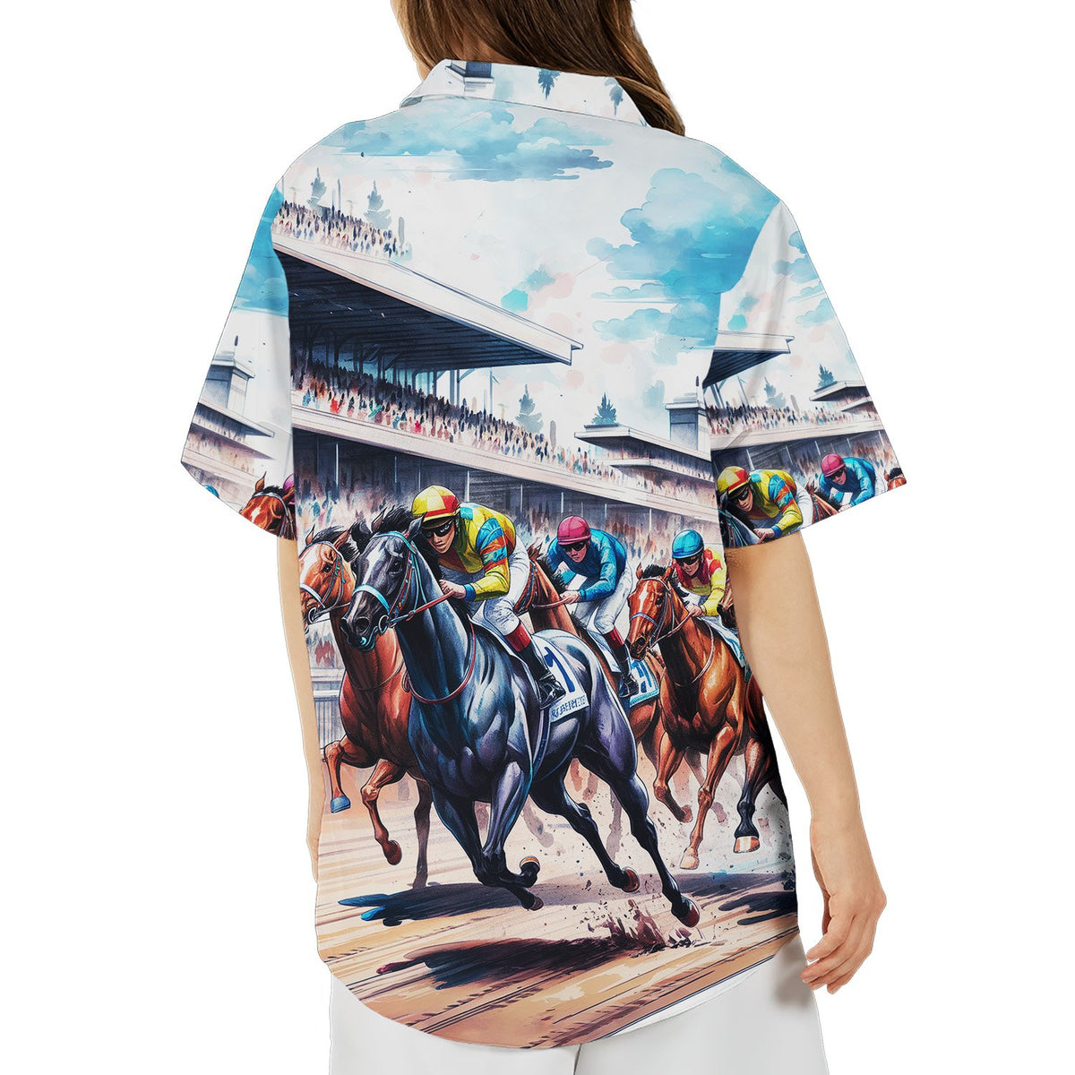 Back view of the horse racing hawaiian shirt showing jockeys on the track