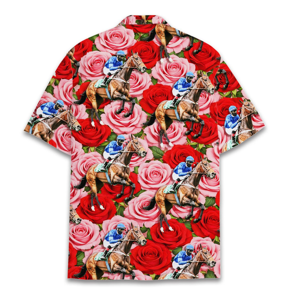 Back view of the matching family hawaiian shirt with red roses