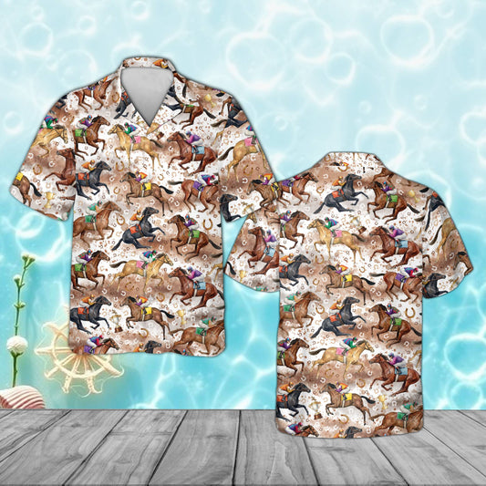 Matching family Hawaiian shirt with horse racing pattern, main view
