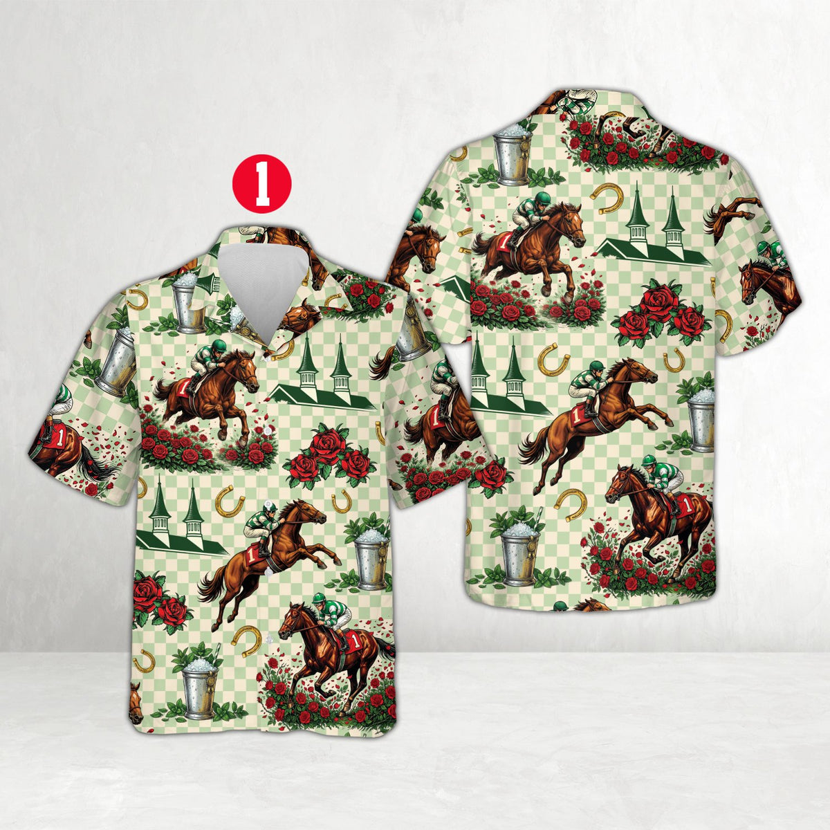 Group of matching family hawaiian shirts with horse racing and checkered print, front view