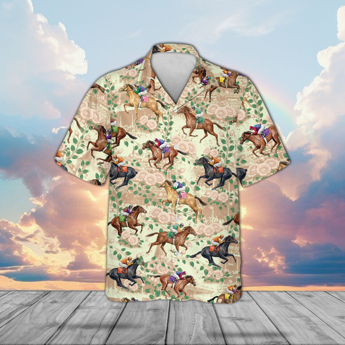 Horse racing hawaiian shirt featuring racehorses and roses, main view