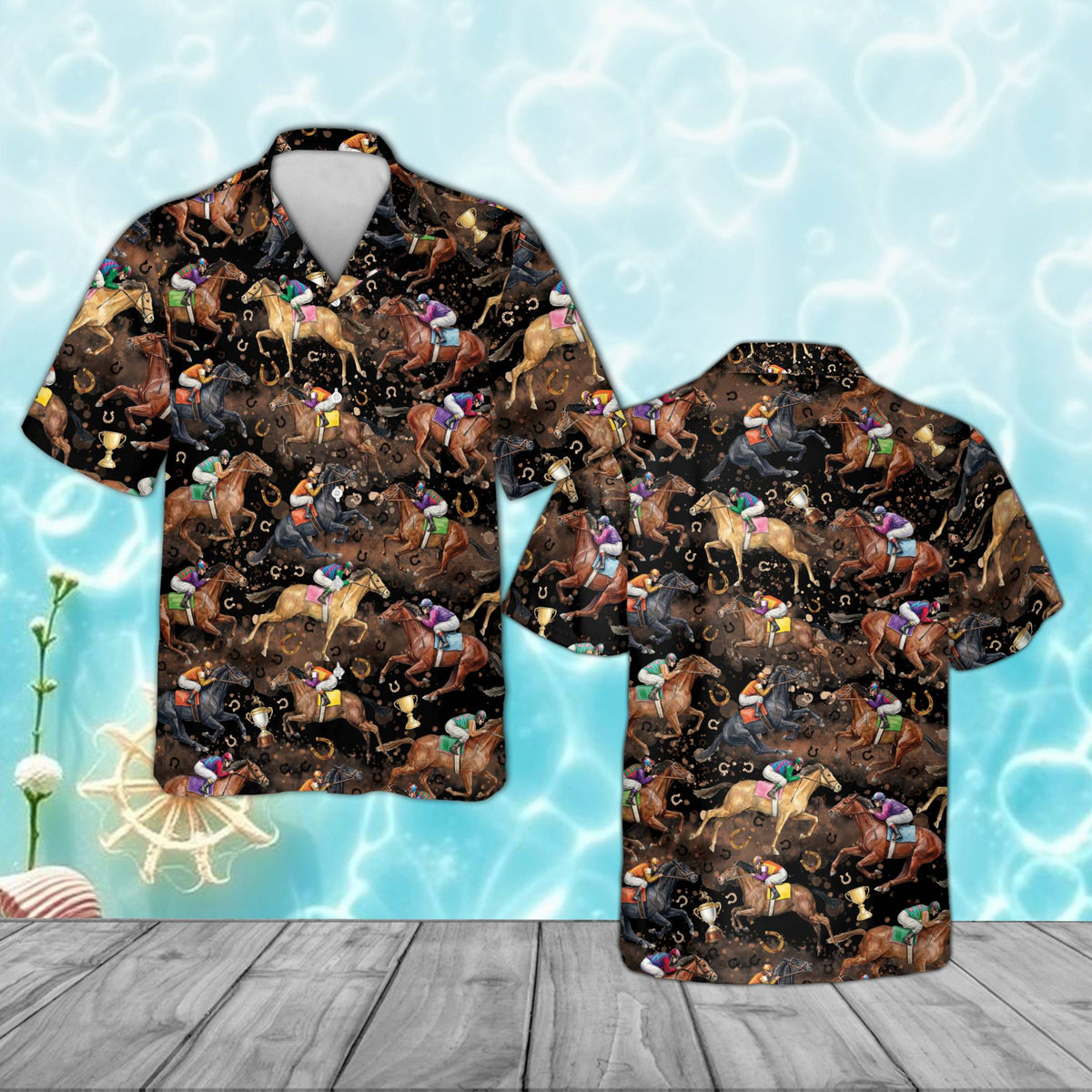 Horse racing Hawaiian shirt in brown and beige, alternate front view