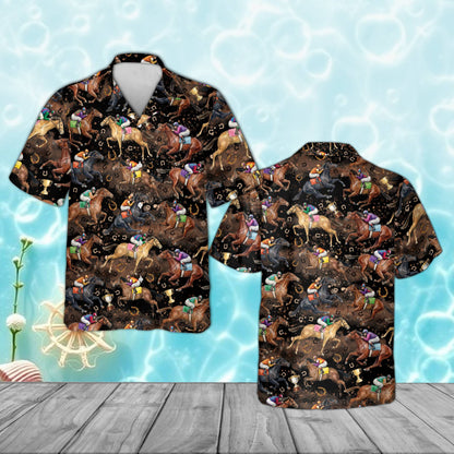 Horse racing Hawaiian shirt in brown and beige, alternate front view
