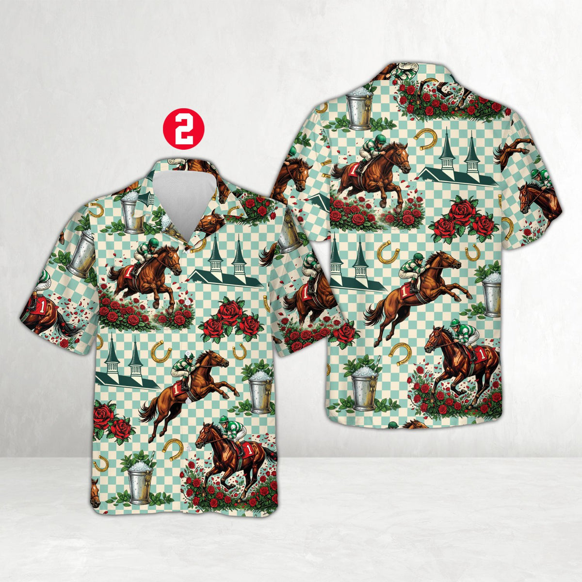 Checkered hawaiian shirt featuring horse racing print, multicolor front detail