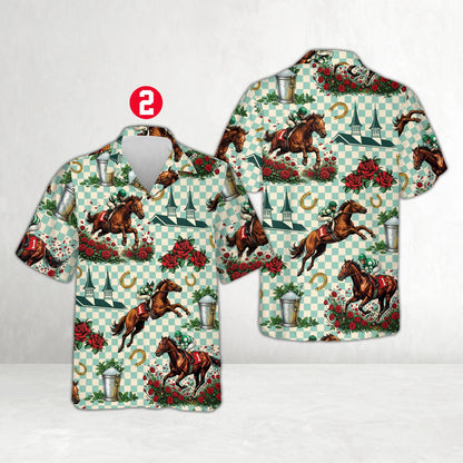 Checkered hawaiian shirt featuring horse racing print, multicolor front detail