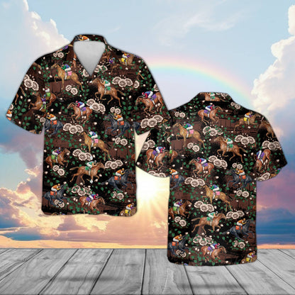 Matching family hawaiian shirts with racehorse design, front view 2