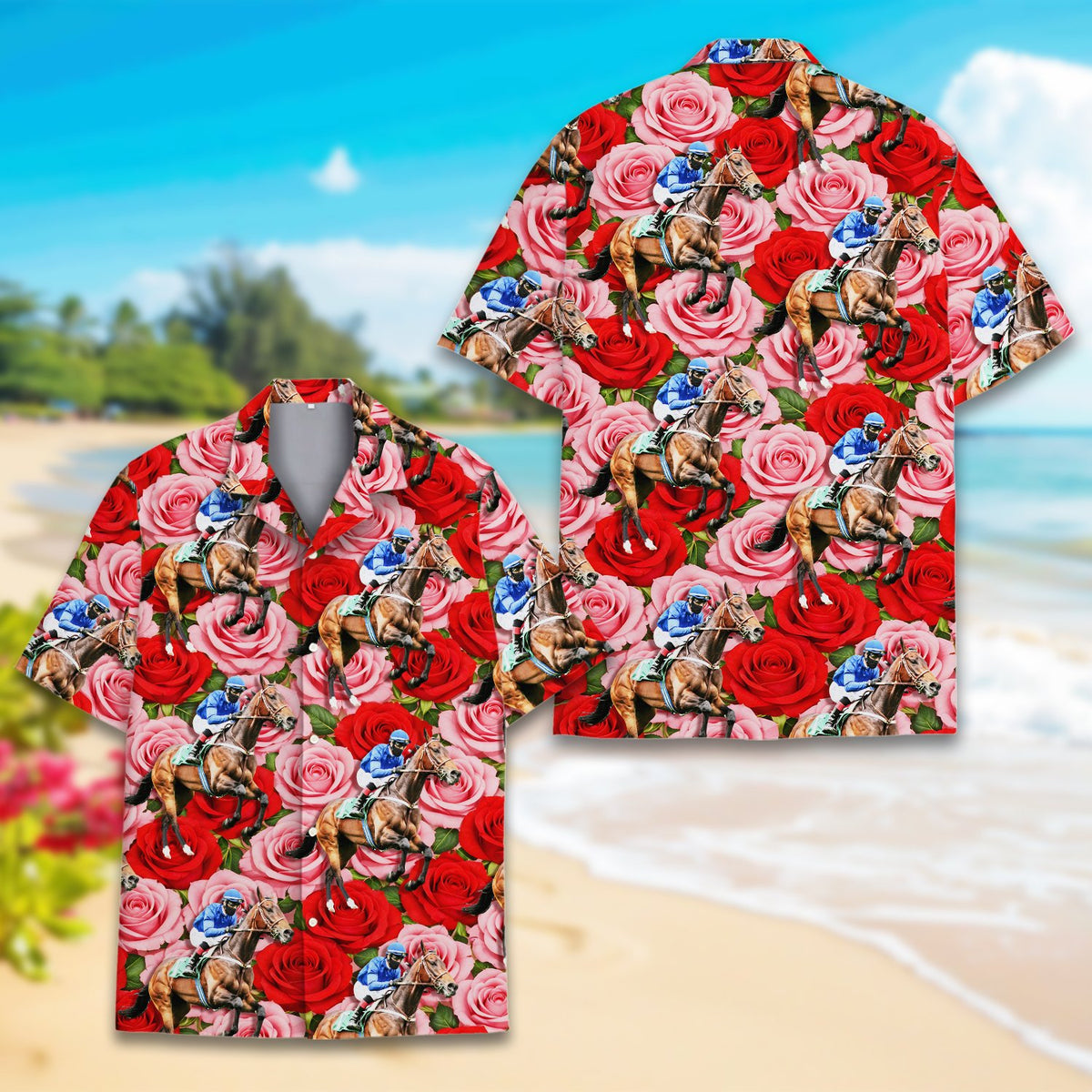 Close-up front view of the horse racing hawaiian shirt details