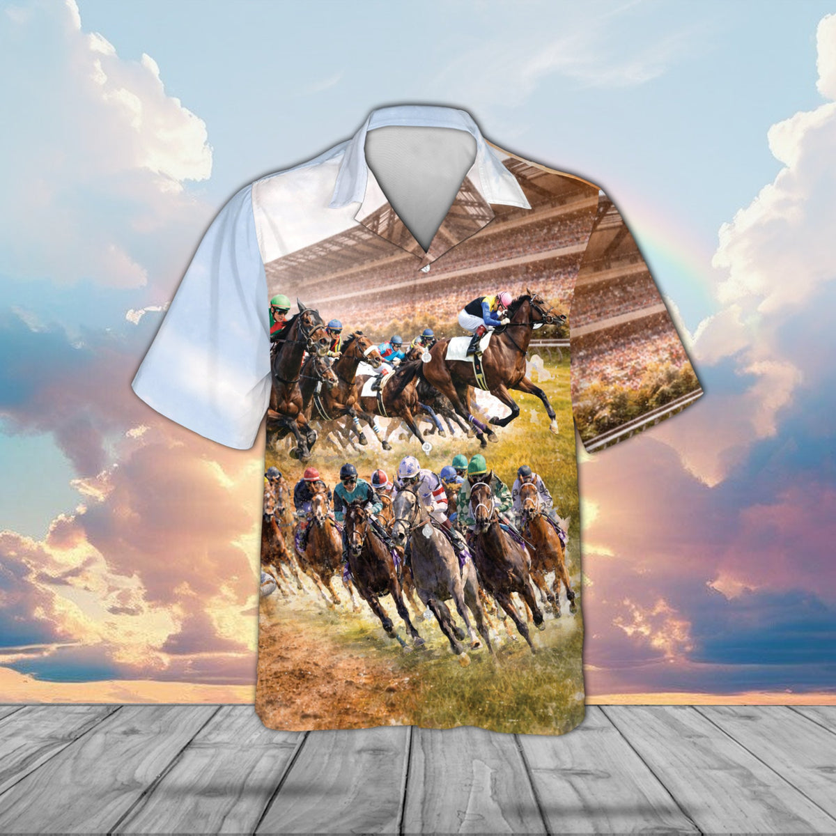 Green horse hawaiian shirt featuring a detailed horse race and stadium design, front view